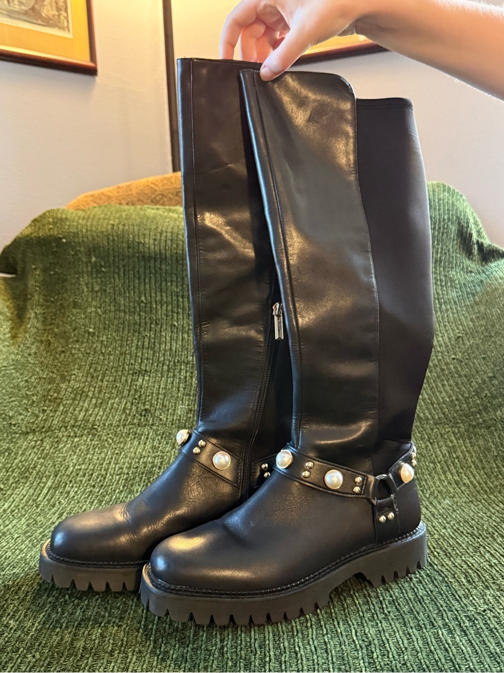 Karl Lagerfeld Black Pearl-Embellished Over-the-Knee Boots